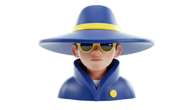 3D Spy Character Wearing Blue Hat Yellow Trim Sunglasses and Blue Trench Coat Posing Confidently Against a Transparent Background Clean and Modern Design