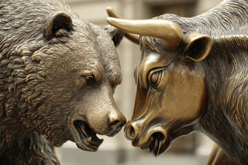 Close-up of bronze bull and bear statues facing each other in an intense standoff, symbolizing market volatility. For financial articles, stock market reports, investment visuals, business branding.