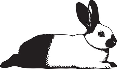 Black and white rabbit illustration, animal lying down, graphic art style.