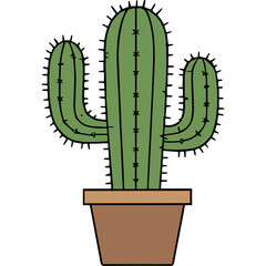 A Tall Green Saguaro Cactus in a Terracotta Pot with Spiky Details Against a Black Background Simple Vector Illustration