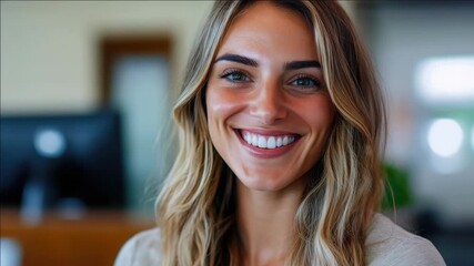 Smiling, long-haired professional woman in an office setting, likely a tech or creative environment.