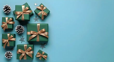 A flat lay of green christmas gifts with gold ribbons and pine cones on a light blue background