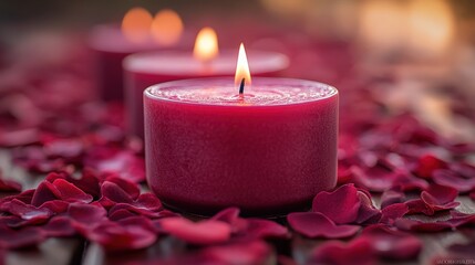 A solitary red candle with a vibrant flame is delicately encircled by colorful petals. The soft focus background creates a dreamy, romantic atmosphere.