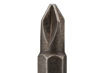 Phillips head screwdriver bit, a metal tool for fastening and repair work, featuring a transparent background