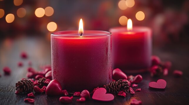Warm, intimate celebration with red candles and heart-shaped decorations. Evokes a feeling of romance and celebration in a softly lit setting. - Powered by Adobe