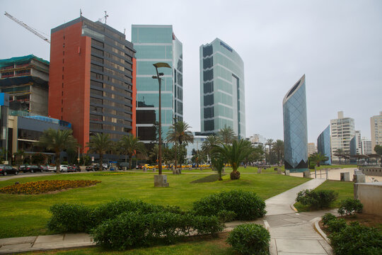 Alfredo Salazar Park and the modern office buildings in Miraflores, Lima, Peru