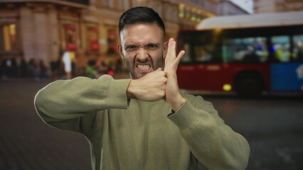 Hispanic man in an urban street setting makes gestures indicating a challenge, creating a dynamic...