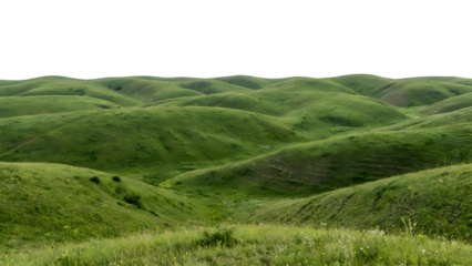 Rolling green hills landscape under a bright clear sky peaceful scenery.
