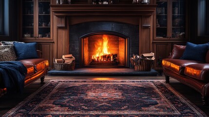 A warm and inviting living room scene featuring a roaring fireplace, creating a comfortable and relaxing atmosphere. Ideal for home decor, winter scenes, or feelings of warmth.