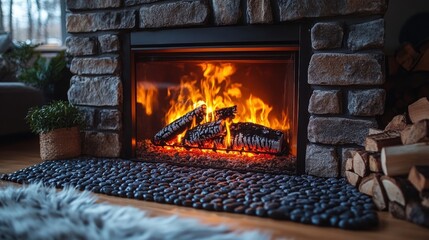A warm and inviting scene of a stone fireplace with a crackling fire, surrounded by natural elements like pebbles and wooden logs. Perfect for conveying warmth, comfort, and relaxation.