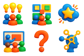 3D Brainstorming Icons. 3D icon set of team brainstorming and ideation: lightbulbs floating over group, sticky note wall around