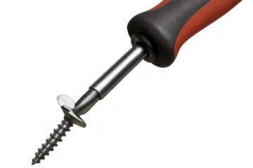 Screwdriver applying pressure to a drywall anchor screw, ready for installation on a transparent background