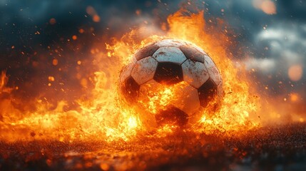 A dynamic shot of a soccer ball engulfed in flames, with intense sparks radiating outwards. The scene conveys heat, energy, and a sense of chaos.