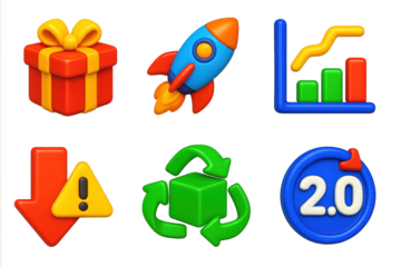 3D Product Cycle Icons. 3D icon set of product lifecycle stages: birth box icon, rocket launch with label “Growth”, graph with