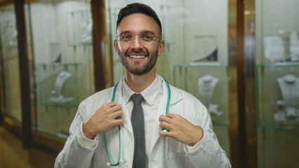 Hispanic man doctor wearing stethoscope and white coat smiling inside jewelry shop with glass...