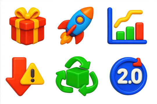 3D Product Cycle Icons. 3D icon set of product lifecycle stages: birth box icon, rocket launch with label “Growth”, graph with