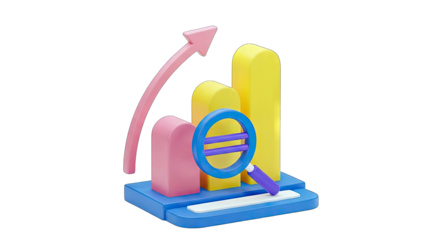 3D Bar Chart With Magnifying Glass and Pink Arrow Showing Upward Growth On A Transparent Background Representing Business Analytics And Financial Progress