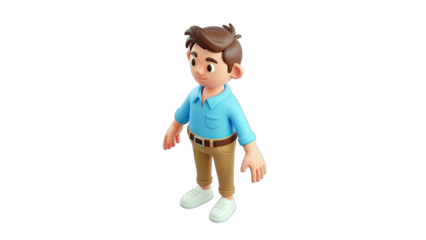 3D Cartoon Character Man Wearing Blue Shirt Brown Pants and White Sneakers Standing on Transparent Background