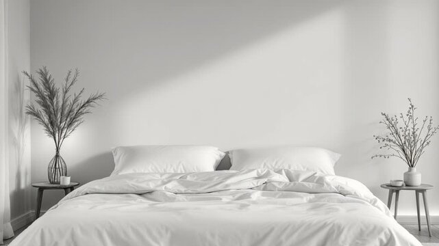 Sunlight casting shadows across a rumpled bed in a clean, minimalist white bedroom interior. Modern trendy tone hue shade color of the year 2026