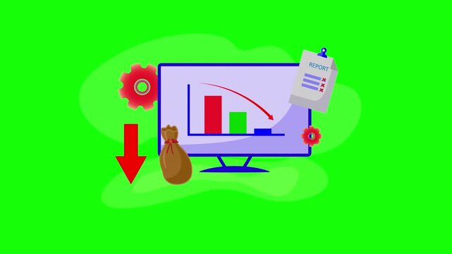 Animated concept of economic downturn, monitor with falling graph arrow, chaotic gear rotation, empty bag and crossed sheet symbolizing recession and business decline, in green screen background 