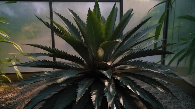 Closeup of a vibrant green agave plant with spiky leaves in a botanical garden.