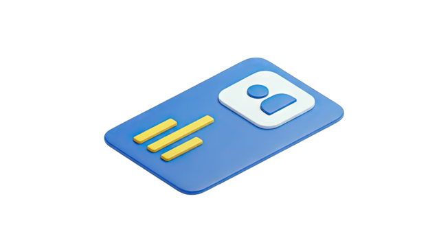 3D Rendered Blue Identity Card with White Photo Placeholder and Yellow Stripes on a Transparent Background