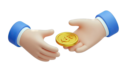 3D Rendered Illustration Of Two Cartoon Hands Exchanging A Golden Coin With A Subtle Dollar Sign Against A Transparent Background