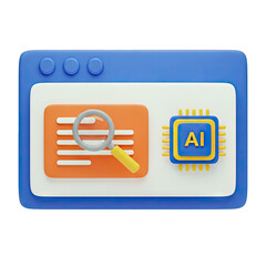 3D Rendered Illustration of AI Search on Webpage Interface with Magnifying Glass and Microchip on White Background Showing Data Analysis and Technology Concepts