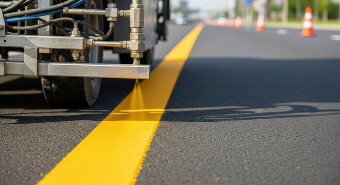 Fresh bright yellow line marking machine repainting smooth asphalt highway lane with traffic cones in distance for road maintenance safety upgrade and transportation infrastructure