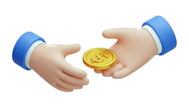 3D Rendered Illustration Of Two Cartoon Hands Exchanging A Golden Coin With A Subtle Dollar Sign Against A Transparent Background