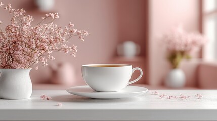 Fototapeta premium A delicate white teacup rests on a saucer, framed by a soft, blurred background of pink flowers. Creates a serene and elegant atmosphere.