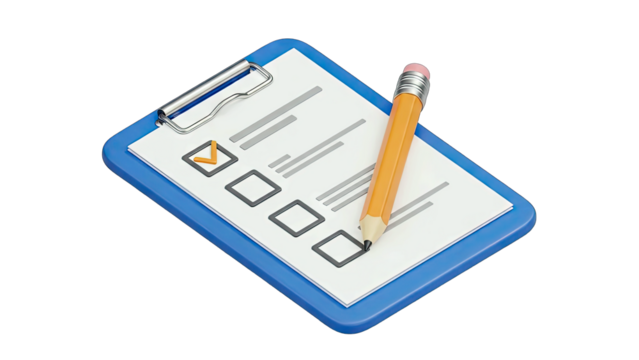 A Blue Clipboard With A Checklist And An Orange Pencil On A Transparent White Background Ready For Task Management And Survey Completion