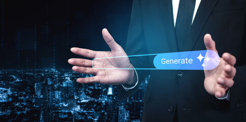 A businessman in a suit showcases a digital interface with a glowing generate button against a night cityscape, representing innovation and technology in business. Gantry