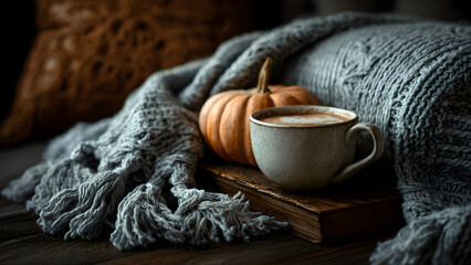 Cozy still life with pumpkin, knit blanket, and cup of cocoa, cinematic moody lighting, Pinterest style