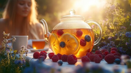 A clear teapot brimming with honey and lemon slices, complemented by vibrant fresh raspberries presented on a table within a bright, sunlit garden setting.  A refreshing and inviting composition.