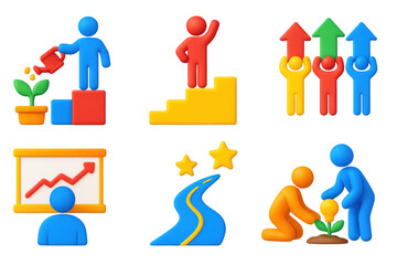 Growth Leadership Icons. 3D icon set of growth-oriented leadership: watering plant on podium, staircase with leader at top, team