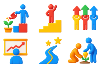 Growth Leadership Icons. 3D icon set of growth-oriented leadership: watering plant on podium, staircase with leader at top, team