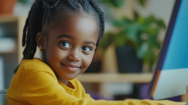 A young girl focused on her laptop, smiling and seeming engaged in learning or technology.