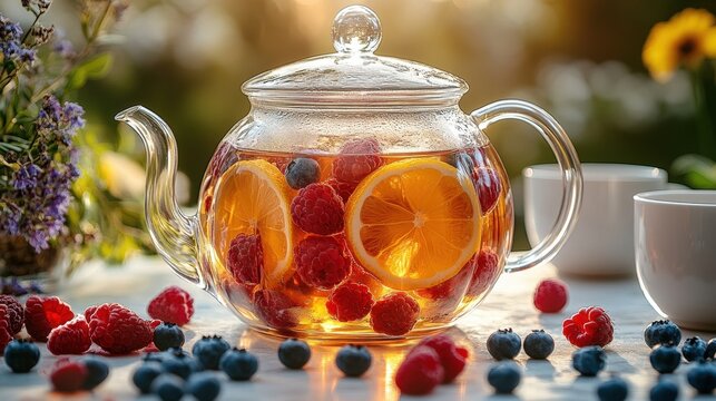 A close-up shot of a clear teapot brimming with fresh lemon slices and juicy raspberries. Scattered blueberries add a pop of color to the composition on a wooden table. - Powered by Adobe