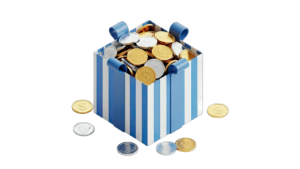 A Gift Box Overflowing with Gold and Silver Coins Isolated on a Transparent Background with Blue Ribbons and Stripes