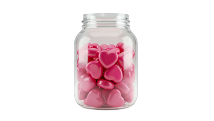A Glass Jar Filled With Numerous Pink Heart Shaped Candies Against a Transparent Background Perfect for Valentines Day Celebrations and Romantic Themes