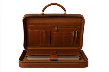 Brown leather briefcase opening on transparent background, holding a laptop and pens, representing business and professionalism