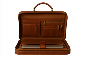 Brown leather briefcase opening on transparent background, holding a laptop and pens, representing business and professionalism