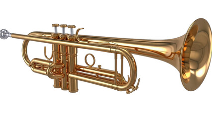 Fototapeta premium A Gleaming Golden Trumpet Rests Isolated on a Clean White Background Showcasing its Intricate Valves and Polished Bell under Studio Lighting