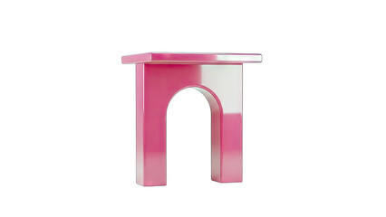 A Glossy Pink Archway With A White Top Display Stand Isolated On A Black Background Featuring Smooth Reflective Surfaces and A Modern Minimalist Design