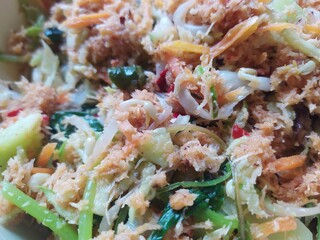 salad with shrimp and vegetables, Close Up of Javanese Raw Vegetable Salad with Spiced Coconut