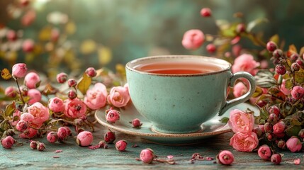 Fototapeta premium A delicate porcelain teacup adorned with vibrant roses sits gracefully on a white saucer. This image evokes feelings of romance, beauty, and tranquility.