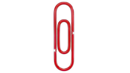 A Glossy Red Metal Paperclip Object Centered Against a Stark White Background Showing a Metallic Sheen and Reflective Surface Perfect for Office Supplies or Stationery Concepts