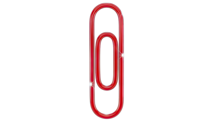 A Glossy Red Metal Paperclip Object Centered Against a Stark White Background Showing a Metallic Sheen and Reflective Surface Perfect for Office Supplies or Stationery Concepts