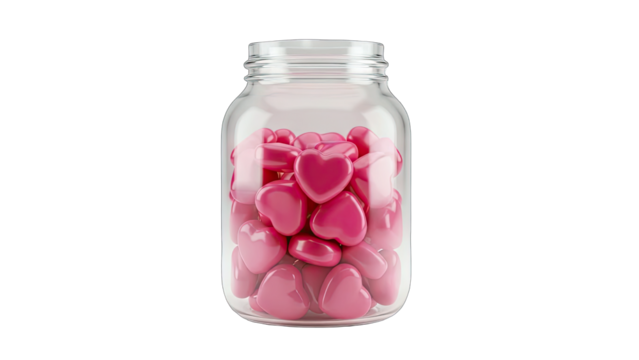 A Glass Jar Filled With Numerous Pink Heart Shaped Candies Against a Transparent Background Perfect for Valentines Day Celebrations and Romantic Themes